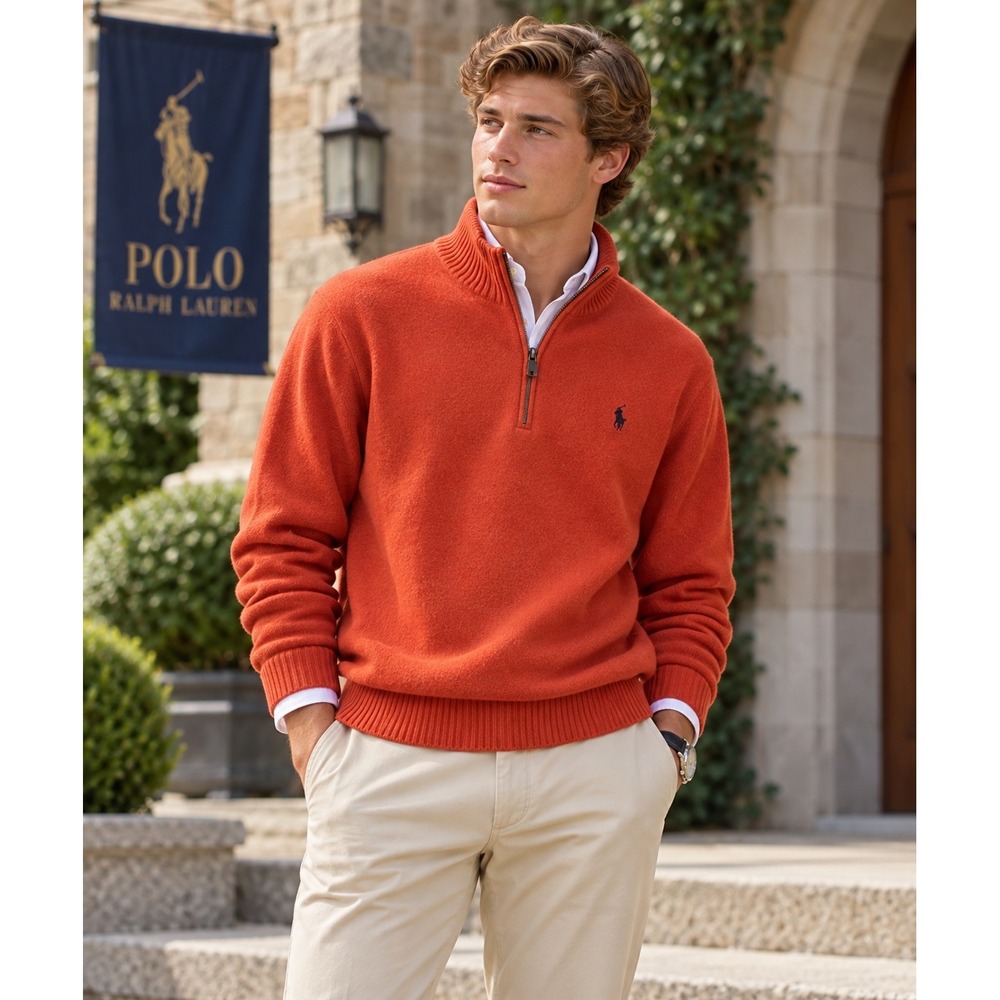 Polo Ralph Lauren 90s Mens XL Burnt Orange Quarter Zip Mock Pony Logo Sweater